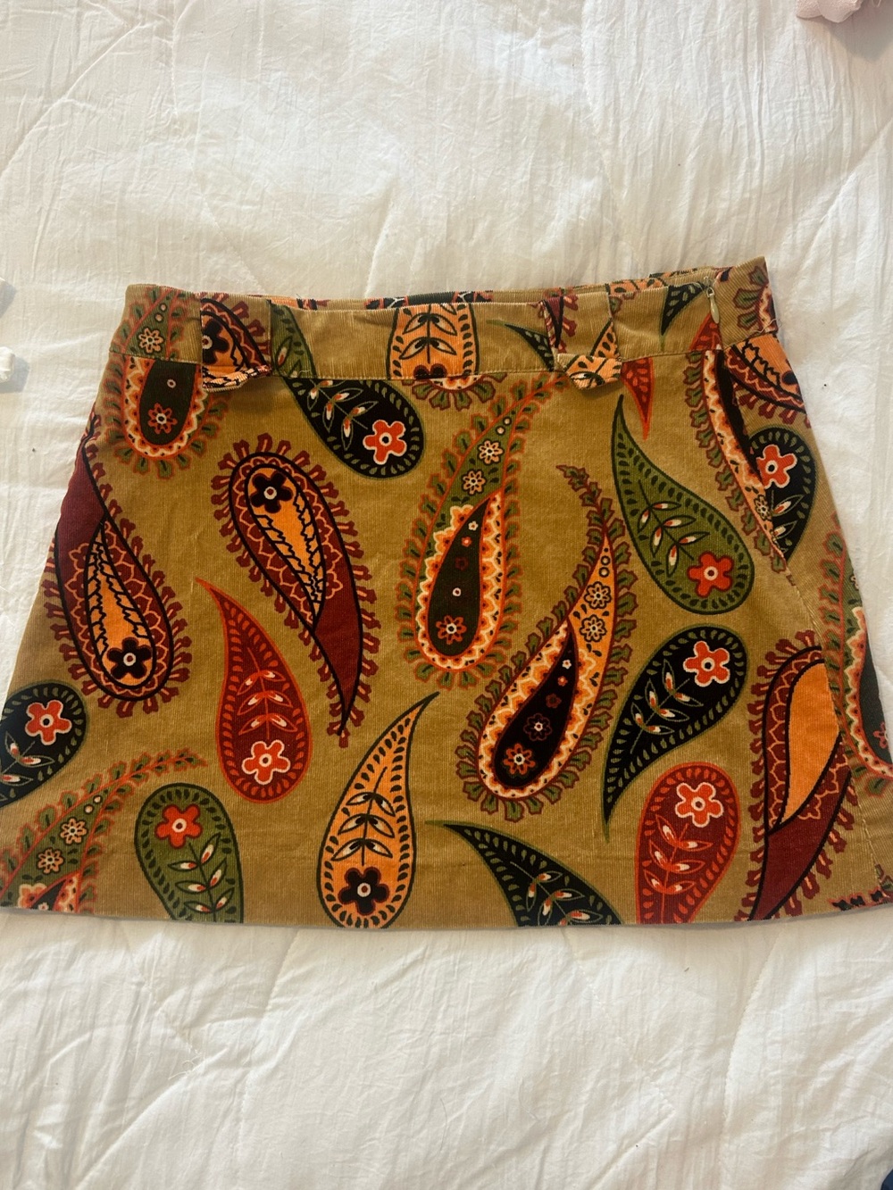 Paisley Print Mini Skirt in Mustard fall corduroy